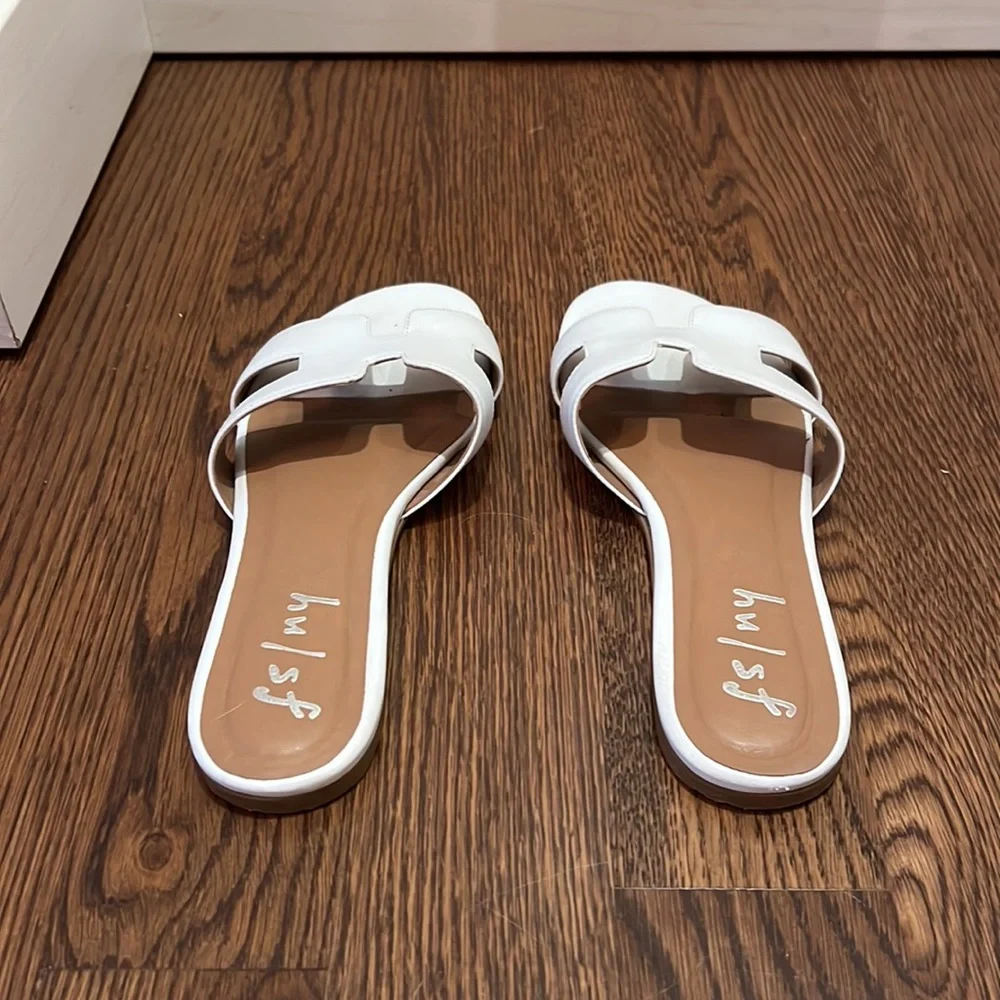 French Sole White Leather Slide Sandals - Picture 2 of 7